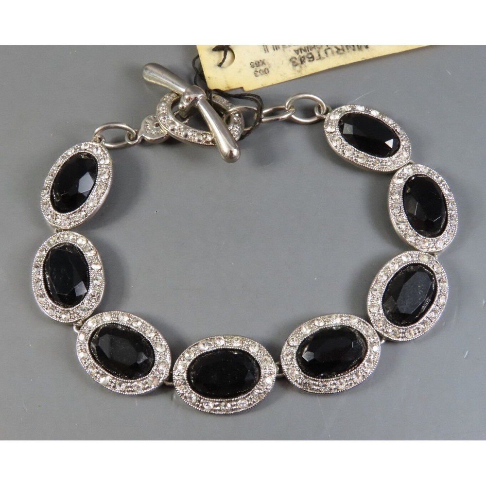 NEW NOS VTG Monet Silver Tone BLACK OVAL STONE TENNIS BRACELET Clear Halo TOGGLE